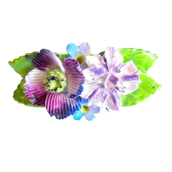 Hand Made English Bone China 1.75" Flower Brooch Pin Green Pink Purple - Picture 2 of 6